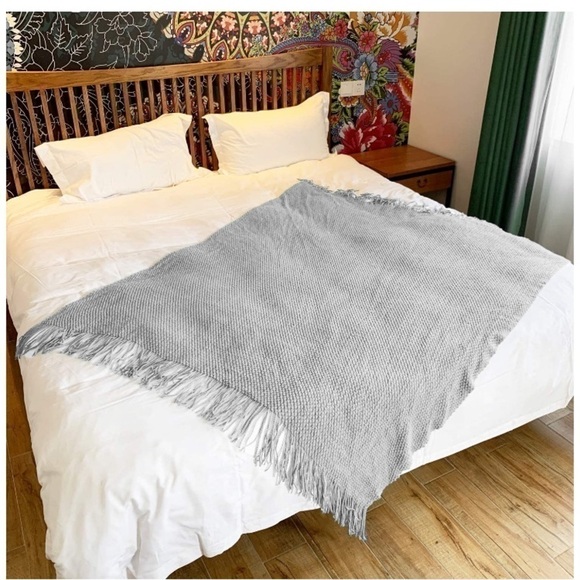 Light Grey Boho Tassel Chunky Knit Dorm/Living/Bedroom Cozy Casual Throw Blanket - Picture 5 of 16